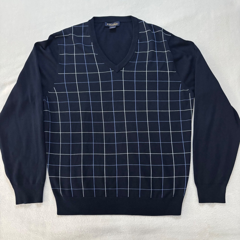 Brooks Brothers Mens Silk Cotton V-Neck Sweater Navy Windowpane Grid Large